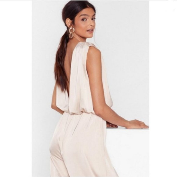 New Nasty Gal Champagne Wide Leg Satin Jumpsuit 4 Womens Elegant Sophisticated - Picture 8 of 12
